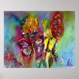 Poster PAPILLONS ROUGES SUR CHARDONS JAUNES, CIEL BLEU Fl
