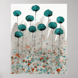 Poster Papillons turquoises et gris, Aquarelle Fleurs Mur