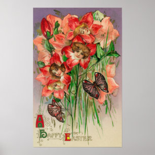 Poster Pâques joyeuses avec des Fleurs de Tête Féminines