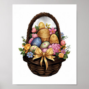 Poster Pâques Panier de Pâques Oeufs colorés Fleurs