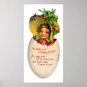 Poster Pâques victorien, fille vintage avec bonnet dans l