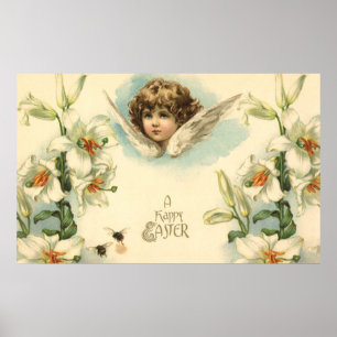Poster Pâques vintage, ange victorien avec fleurs de lys