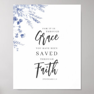 Poster Par la grâce, par la foi Ephésiens 2:8 Floral bleu