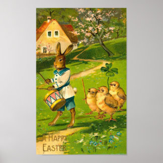 Poster Parade De Pâques Avec Lapin Et Poussins Vintage