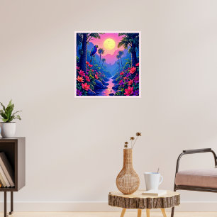 Poster Paradis du perroquet bleu de la lune de la jungle