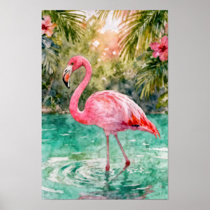 Poster Paradis floral de flamant rose aquarelle tropicale