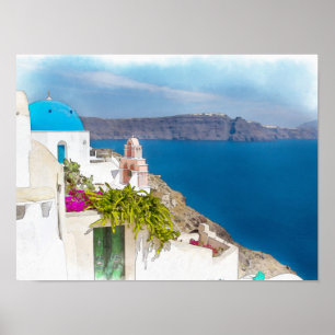 Poster Paradis Grec. Peinture d'aquarelle de Santorini