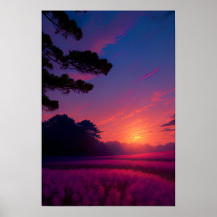Poster Paradis pourpre, coucher de soleil sur un champ