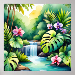 Poster Paradis tropical de la cascade de jungle aux orchi