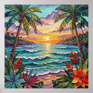 Poster Paradis Tropical Scène de Plage Côtière Impasto