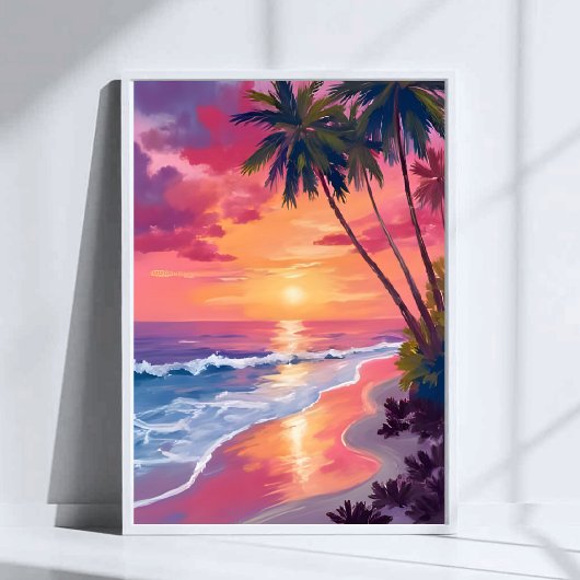 Poster Paradise Sunset | Pink Tropical Watercolor Beach