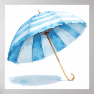 Poster Parapluie aquarelle bleu et blanc – Ocean Nursery