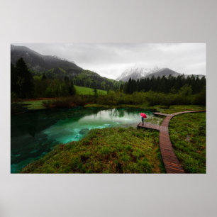 Poster Parapluie rouge lac vert