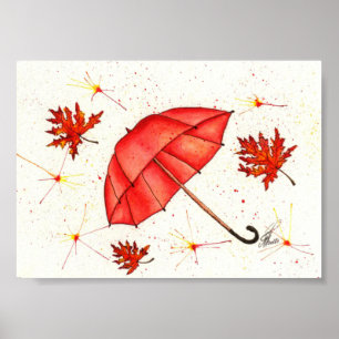 Poster Parapluie rouge vif et aquarelle feuille rouge
