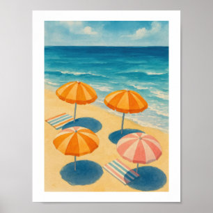 Poster Parapluies de plage Rétro Côté Mer Été