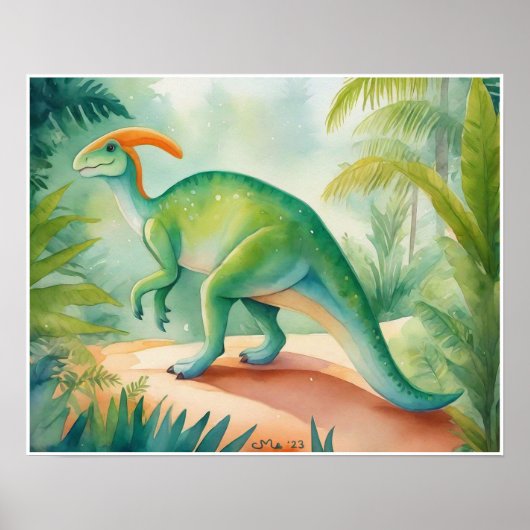 Poster Parasauralophus Aquarelle Dinosaure Nursey Art (Devant)