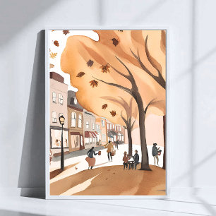 Poster Parc de la ville d'automne   Art aquarelle de feui