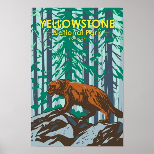 Poster Parc national de Yellowstone Vintage Wolverine (Devant)