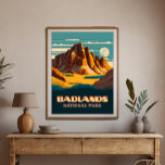 Poster Parc national des Badlands Rétro<br><div class="desc">Affichez les roches sédimentaires couleur argile et les montagnes du parc national Badlands dans le Dakota du Sud.</div>
