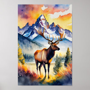 Poster Parc national du Grand Teton Elk Wyoming Aquarelle