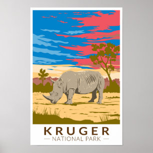 Poster Parc national Kruger Rhinocéros blanc Art de voyag