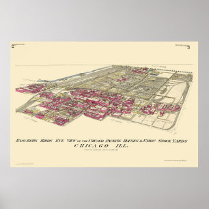 Poster Parcs à bestiaux carte panoramique de Chicago, IL