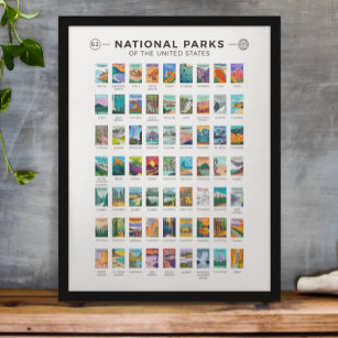 Poster Parcs nationaux des États-Unis Liste Vintage