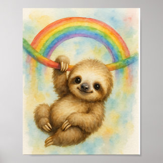 Poster Paresseux aquarelle mignon suspendu à un arc-en-ci