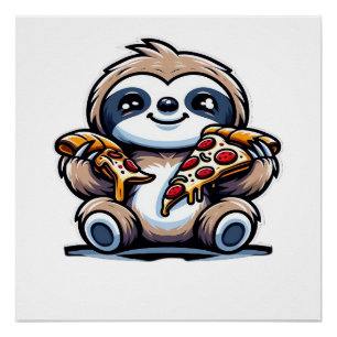 Poster Paresseux drôle mangeant une Pizza, Amateur d'Anim