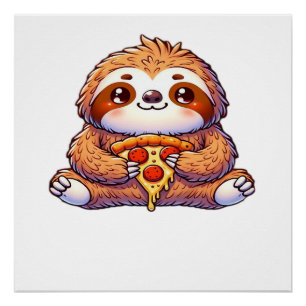 Poster Paresseux drôle mangeant une Pizza, Animal Kawaii