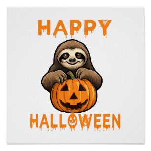 Poster Paresseux mignon drôle tenant une citrouille