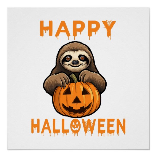 Poster Paresseux mignon drôle tenant une citrouille (Devant)