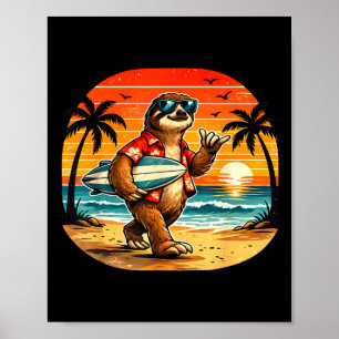Poster Paresseux surfeur hawaii vague surf plage