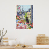 Poster Paris Balcony Breakfast Cat Eiffel Tower View Arts (Cuisine)