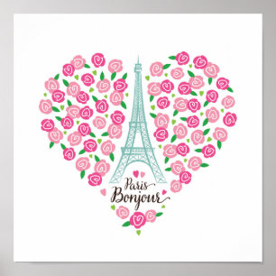 Poster Paris Bonjour   Coeur floral