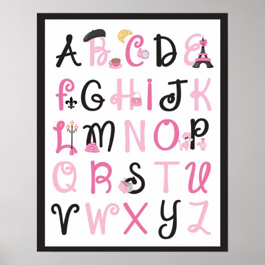 Poster Paris France Alphabet A à Z en noir (Devant)