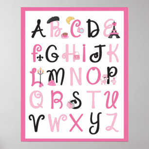 Poster Paris France Alphabet A à Z sur fond rose chaud