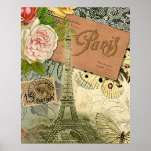 Poster Paris France Art Antique Collage Eiffel Français