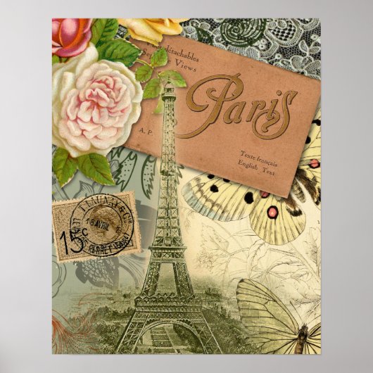 Poster Paris France Art Antique Collage Eiffel Français (Devant)