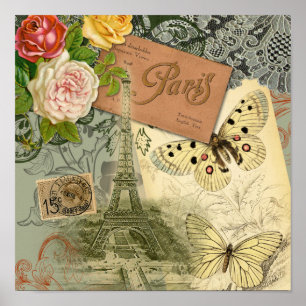 Poster Paris France Art Antique Collage Eiffel Français