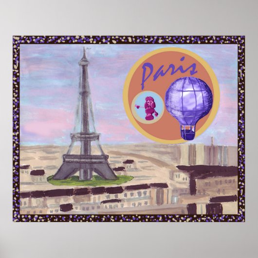 Poster Paris France avec la Tour Eiffel, caniche rose et (Devant)