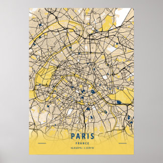 Poster Paris - France Carte de la ville jaune