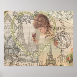 Poster Paris France Jolie Fille Douce Tour Eiffel