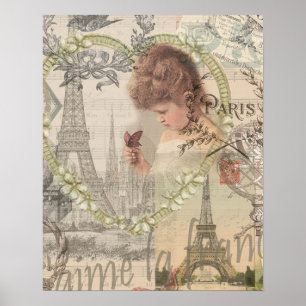 Poster Paris France Jolie Fille Douce Tour Eiffel