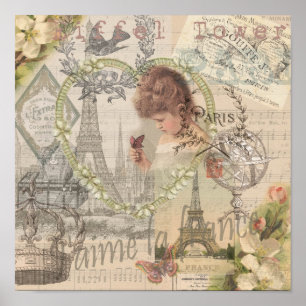Poster Paris France Jolie Fille Douce Tour Eiffel