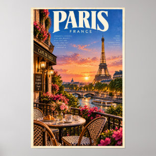 Poster Paris France Tour Eiffel Coucher de soleil Café Vo