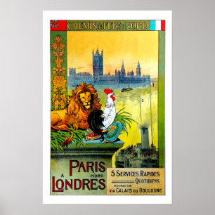 Poster Paris Londres, Chemin de Fer du Nord, voyage