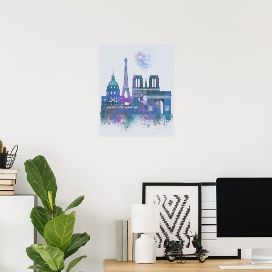 Poster Paris Skyline - Aquarelle bleu (Bureau à domicile)
