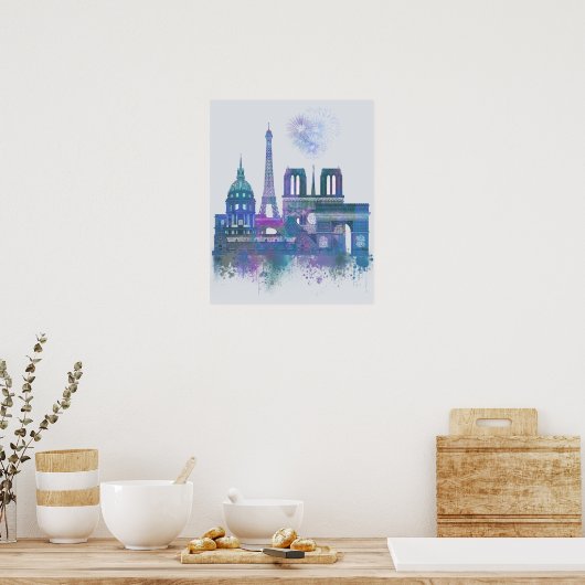 Poster Paris Skyline - Aquarelle bleu (Cuisine)