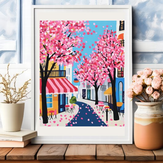 Poster Paris Street Cherry Blossoms Café Wall Art